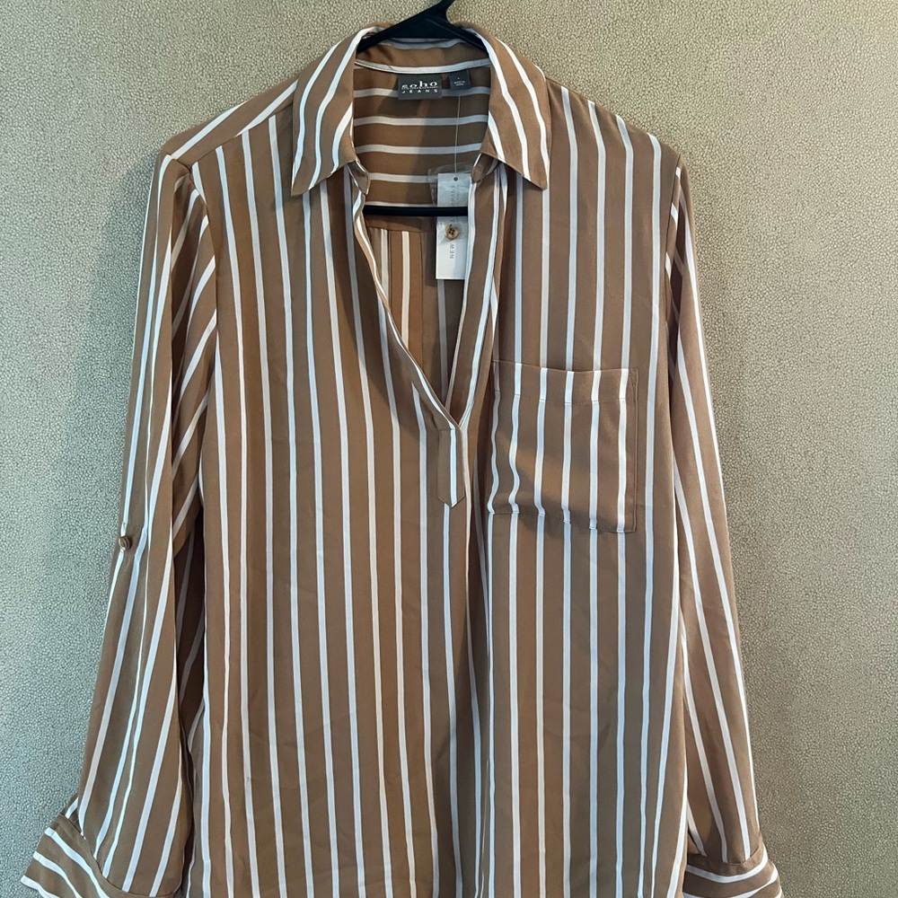 Soho Brown and White Vertical Stripe Button-Front Shirt